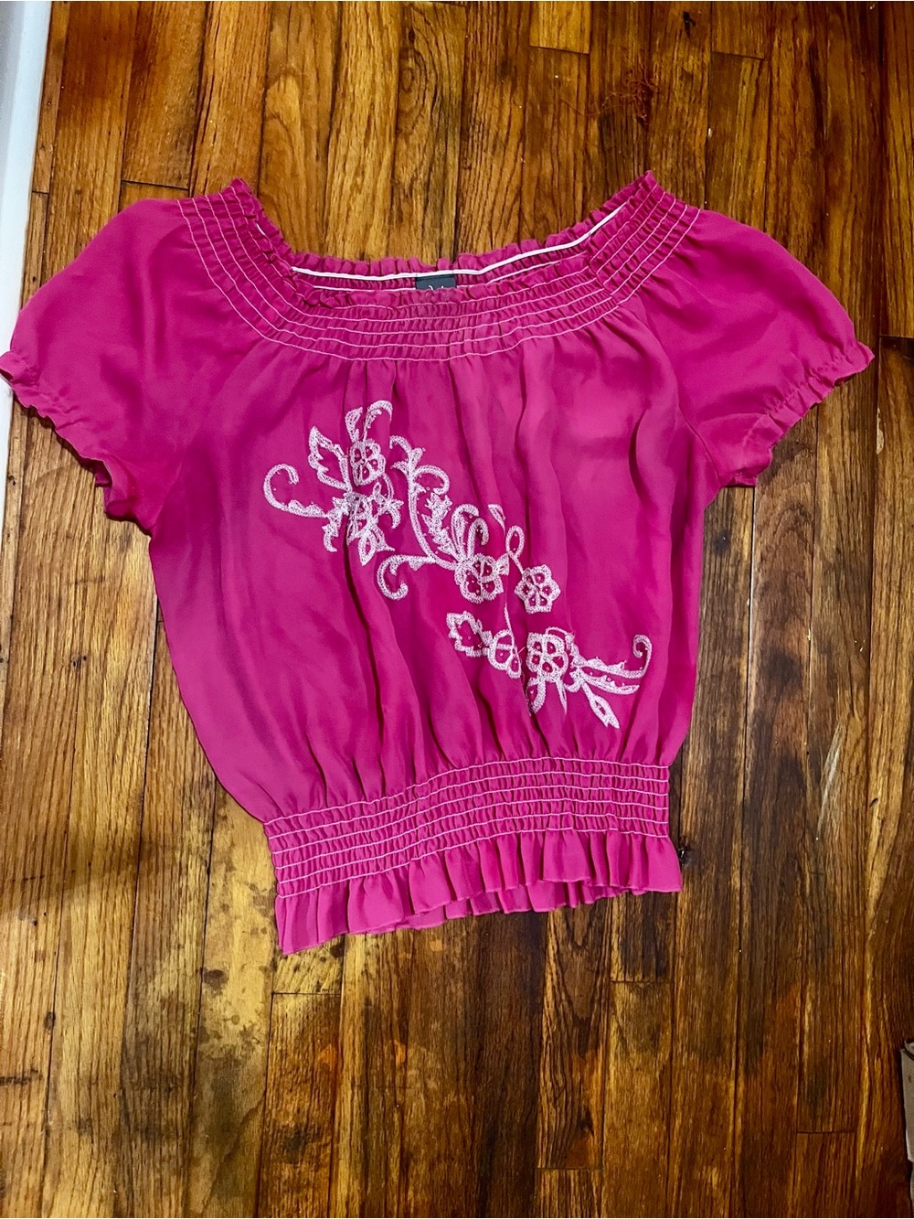 Dots Bright Pink Embroidered Smocked Waist Blouse